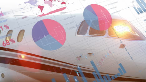 Animation-of-data-processing-and-diagrams-over-plane-at-airport