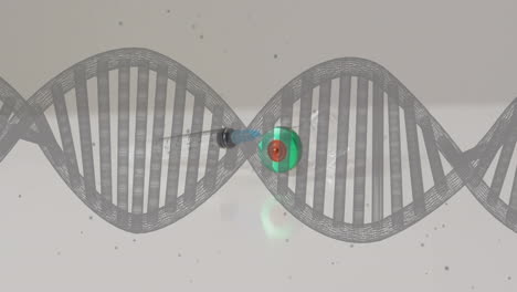 Animation-of-dna-strand-and-dark-spots-over-syringe-and-vaccine-vial-on-white-background