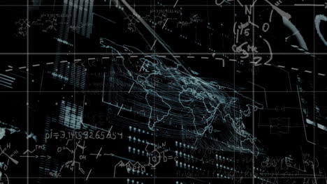 Animation-of-mathematical-equations-over-world-map-and-data-processing-on-black-background