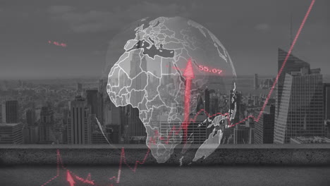 Animation-of-rising-red-arrows-and-processing-data-over-grey-globe-and-cityscape