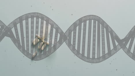 Animation-of-dna-and-dark-spots-over-pills-on-grey-background