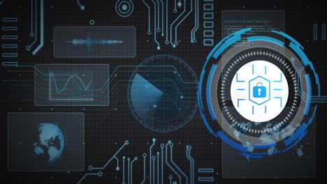 Animation-Eines-Netzwerk--Und-Kreisscanners-Mit-Vorhängeschlosssymbol-Und-Diagrammen-Zur-Datenverarbeitung-Auf-Schwarz