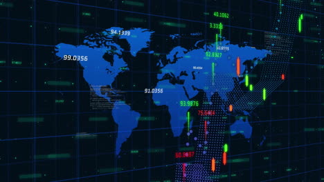 Animación-De-Procesamiento-De-Datos-Y-Gráficos-Sobre-Un-Mapa-Mundial-Azul-Sobre-Fondo-Negro