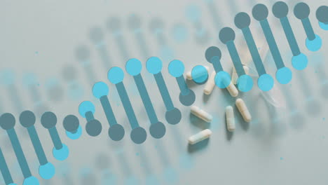 Animation-of-blue-dna-strand-over-pills-on-grey-background