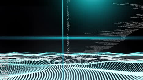 Animation-Von-Blauen-Scannerstrahlen-über-3D-Netzwerkwellen-Und-Datenverarbeitung-Auf-Schwarzem-Hintergrund