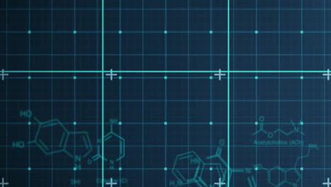 Animation-of-data-processing-and-chemical-formula-on-blue-background