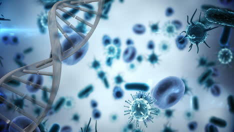 Animation-Eines-DNA-Strangs-über-Viruszellen-Auf-Blauem-Hintergrund