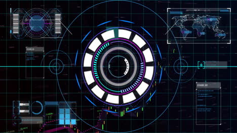 Animation-Der-Datenverarbeitung-Und-Des-Umfangsscannens-über-Globus-Und-Weltkarte