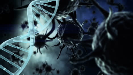 Animation-of-dna-strand-over-virus-cells-on-black-background