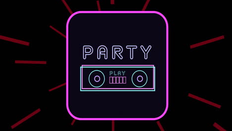Animation-of-retro-party,-play-text-with-speaker-in-pink-neon-square-on-black-with-red-light-trails