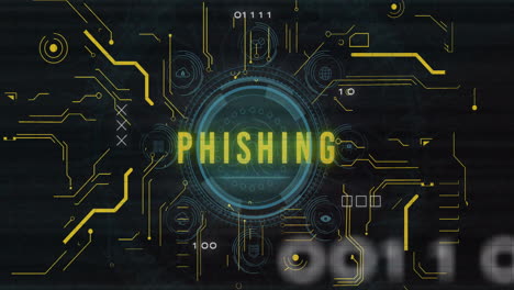 Animation-of-phishing-text-and-digital-data-processing-over-black-background