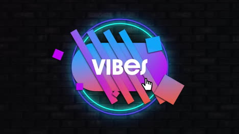 Animation-of-vibes-text-over-colourful-shapes-and-blue-neon-rings-on-black-background