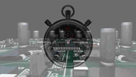 Animation-of-stopwatch-with-moving-hands-over-circuit-board