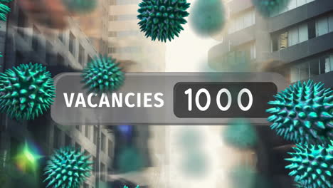 Animation-of-virus-cells-and-vacancies-number-over-people-walking-and-cityscape