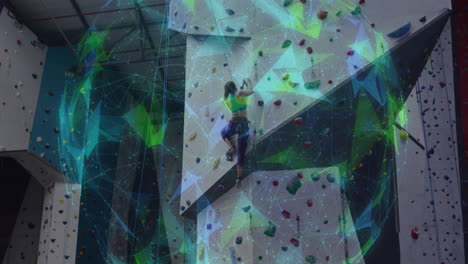 Animation-of-globe-with-data-processing-over-caucasian-woman-climbing-wall