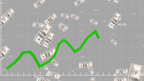 Animation-of-financial-data-processing-with-green-line-over-american-dollar-bills