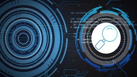 Animación-Del-Procesamiento-De-Datos-Sobre-Escáneres-Circulares-Azules-E-Icono-De-Búsqueda-Sobre-Fondo-Negro