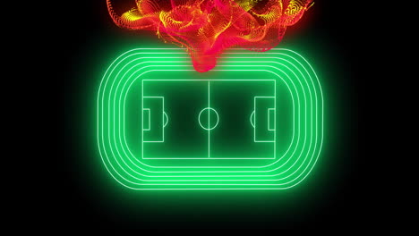 Animation-Einer-Gelben-Und-Roten-Partikelwelle-über-Einem-Neongrünen-Fußballstadion-Auf-Schwarzem-Hintergrund