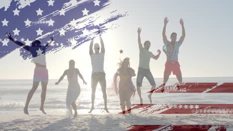 Animation-of-flag-of-usa-over-happy-diverse-friends-on-beach-in-summer