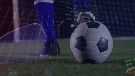 Animation-of-financial-data-processing-over-football-player-with-ball