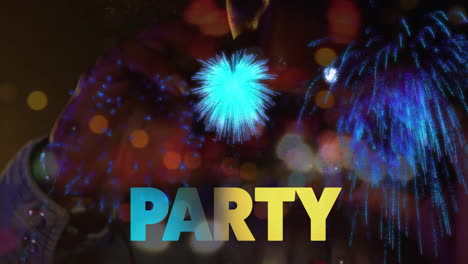Animation-of-party-text-over-fireworks-and-caucasian-woman-singing