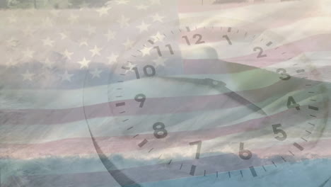 Animation-Der-Flagge-Der-USA-Und-Des-Meeres-über-Der-Uhr