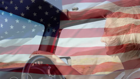 Animation-of-flag-of-usa-over-caucasian-woman-driving-car-on-beach