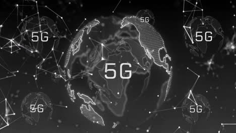 Animation-Von-Globen-Mit-5G-über-Einem-Netzwerk-Von-Verbindungen-Auf-Schwarzem-Hintergrund