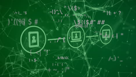 Animation-of-data-processing-and-network-of-connections-with-icons-on-green-background