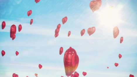 Animation-of-red-heart-balloons-rising-in-sunny-blue-sky