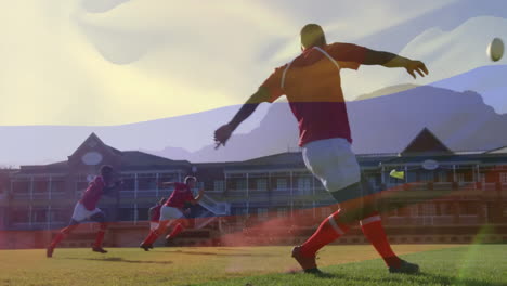 Animation-Der-Flagge-Kolumbiens-über-Verschiedenen-Männlichen-Rugbyspielern