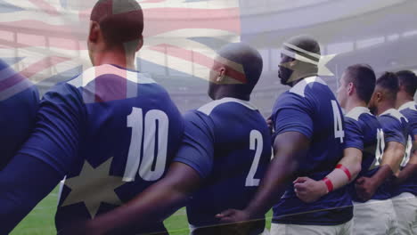 Animation-of-flag-of-australia-over-diverse-rugby-players-on-field