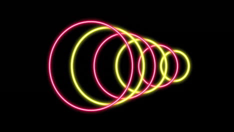 Animation-of-glowing-neon-circles-of-light-moving-on-black-background