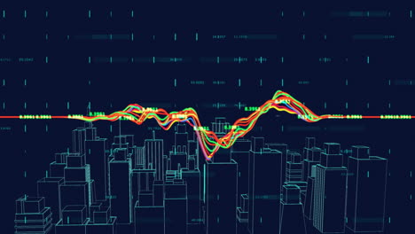 Animation-Der-Verarbeitung-Finanzieller-Daten-über-Einem-Digitalen-Stadtmodell-Auf-Schwarzem-Hintergrund