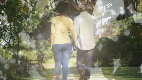 Animation-of-leaves-over-african-american-couple-walking-in-garden