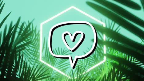Animation-of-heart-icon-in-speech-bubble-over-leaf-background