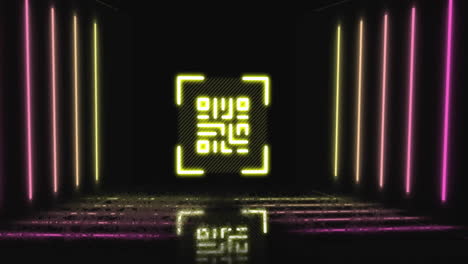 Animation-of-qr-code-and-glowing-neon-light-trails