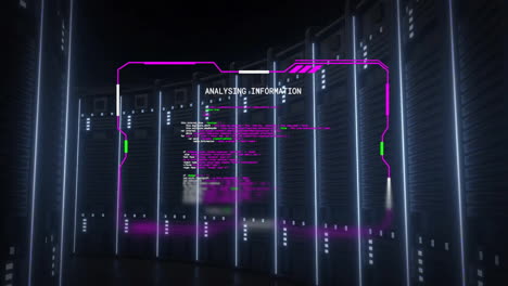 Animation-of-computer-servers-over-analysing-information-text-on-processing-data-file-on-black