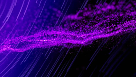 Animation-of-purple-mesh-and-glowing-light-trails-moving-on-black-background