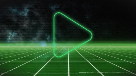 Animation-of-green-neon-play-triangle-over-green-grid-and-smoke-on-dark-background