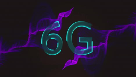 Animation-of-glowing-6g-text-over-purple-network-waves-on-black-background