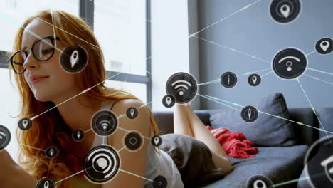 Animation-of-network-of-connections-with-wifi-icons-over-caucasian-woman-using-smartphone