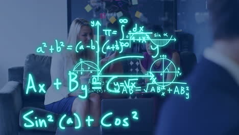 Animation-of-mathematical-equations-over-diverse-female-colleagues-using-laptop-at-casual-office