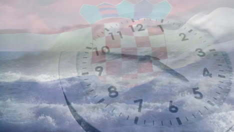 Animación-De-La-Bandera-De-Croacia-Y-El-Mar-Sobre-El-Reloj-En-Movimiento.