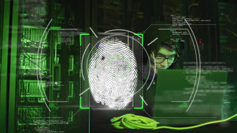 Animation-of-biometric-scanner-processing-fingerprint-over-asian-male-technician-in-server-room