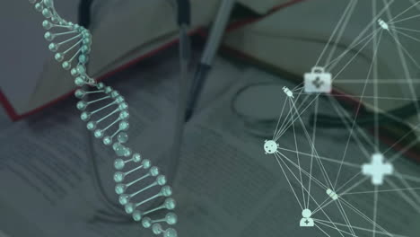 Animation-of-dna-strand-and-network-of-connections-with-icons-over-stethoscope