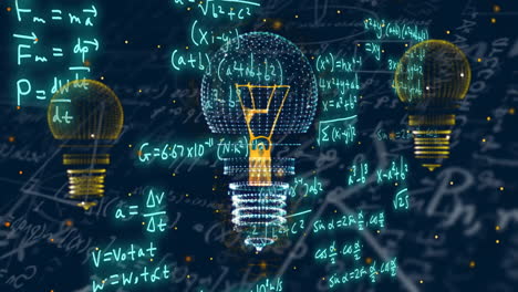 Animation-of-light-bulbs-over-mathematical-equations-on-blue-background