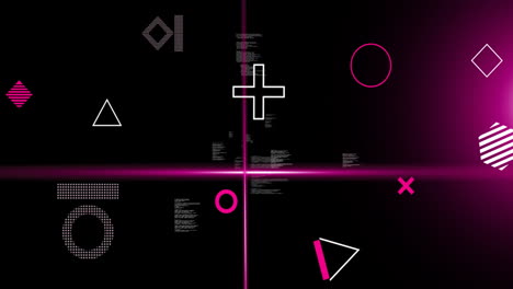 Animation-of-pink-scanner-beams-and-shapes-rotating-over-text-data-processing-on-dark-background