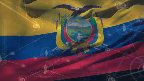 Animation-of-network-of-connections-with-icons-over-flag-of-ecuador