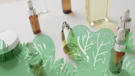 Animation-Von-Grünen-Pflanzen,-Blättern-Und-Bäumen-über-Bio-Kosmetikprodukten-In-Gläsern-Und-Flaschen